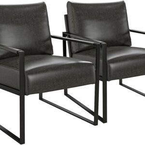 Home Set of 2 Mid-Century Modern Faux Leather Accent Chairs, Metal Frame, Black