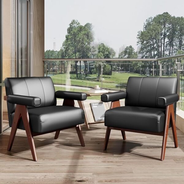Set of 2 Black Leather Accent Chairs, Mid-Century Modern for Living Room & Office