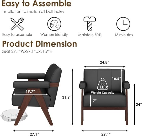 Set of 2 Black Leather Accent Chairs, Mid-Century Modern for Living Room & Office - Image 2