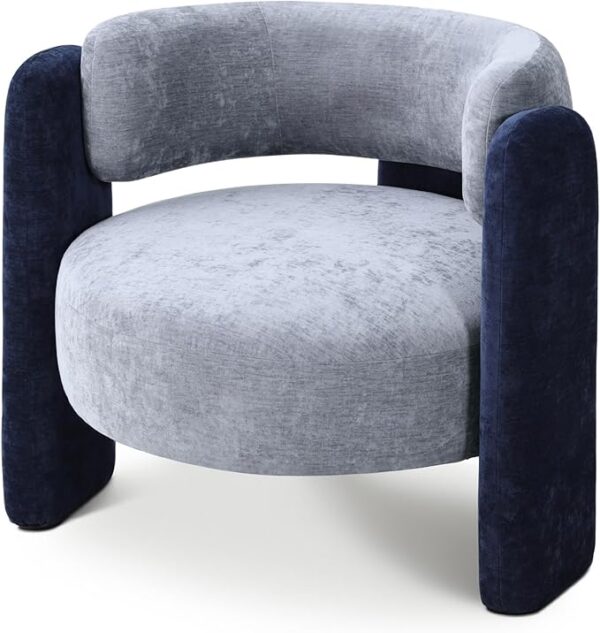 Modern Accent Chair, Chenille Upholstered Armchair with 3 Wood Legs, Grey & Blue