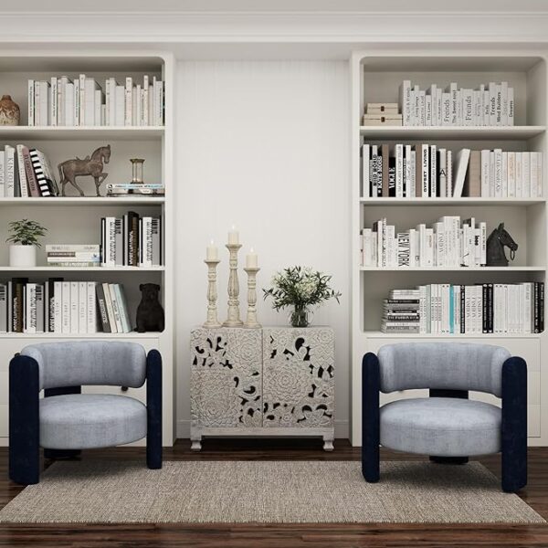 Modern Accent Chair, Chenille Upholstered Armchair with 3 Wood Legs, Grey & Blue - Image 2
