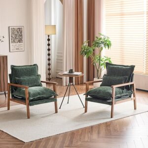 Set of 2 Cloud Accent Chairs, Mid-Century Modern with Wooden Armrests, Dark Green