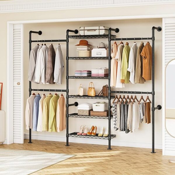 H3 Wall-Mounted Closet System, Expandable Industrial Pipe Rack, Heavy-Duty, Black