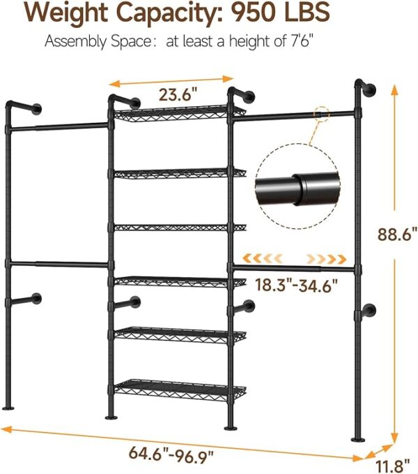 H3 Wall-Mounted Closet System, Expandable Industrial Pipe Rack, Heavy-Duty, Black - Image 3