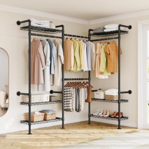 L3 Wall-Mounted Closet System, Industrial Pipe Rack with 6 Shelves & 2 Telescopic Rods, Black