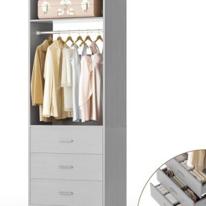 2FT Freestanding Closet System, 3 Wood Drawers, Hanging Rod & Shelves, Grey (24" L x 15" W x 80" H)
