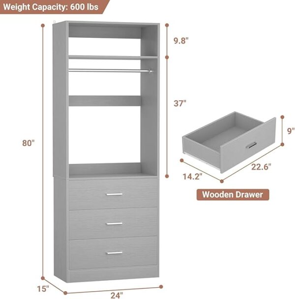 2FT Freestanding Closet System, 3 Wood Drawers, Hanging Rod & Shelves, Grey (24" L x 15" W x 80" H) - Image 2