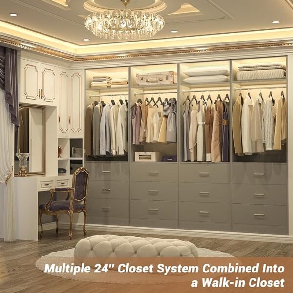 2FT Freestanding Closet System, 3 Wood Drawers, Hanging Rod & Shelves, Grey (24" L x 15" W x 80" H) - Image 3