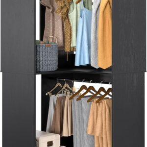 32" Corner Closet System, 2 Hanging Rods, 3-Tier Wood Tower, 80" Height, Black