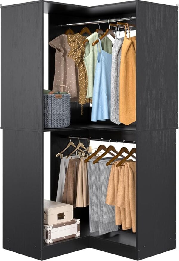 32" Corner Closet System, 2 Hanging Rods, 3-Tier Wood Tower, 80" Height, Black