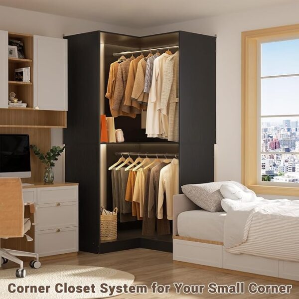 32" Corner Closet System, 2 Hanging Rods, 3-Tier Wood Tower, 80" Height, Black - Image 2