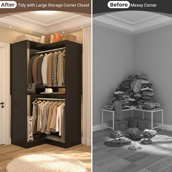32" Corner Closet System, 2 Hanging Rods, 3-Tier Wood Tower, 80" Height, Black - Image 4