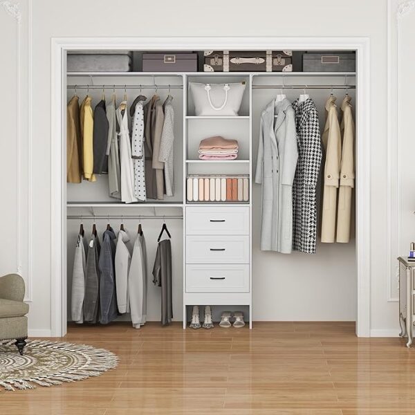 8FT Walk-In Closet System, Organizer with 3 Wooden Drawers, 25" Tower & 3 Extendable Hanging Rods - Image 2