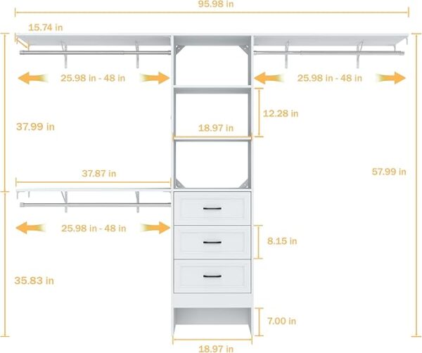 8FT Walk-In Closet System, Organizer with 3 Wooden Drawers, 25" Tower & 3 Extendable Hanging Rods - Image 3