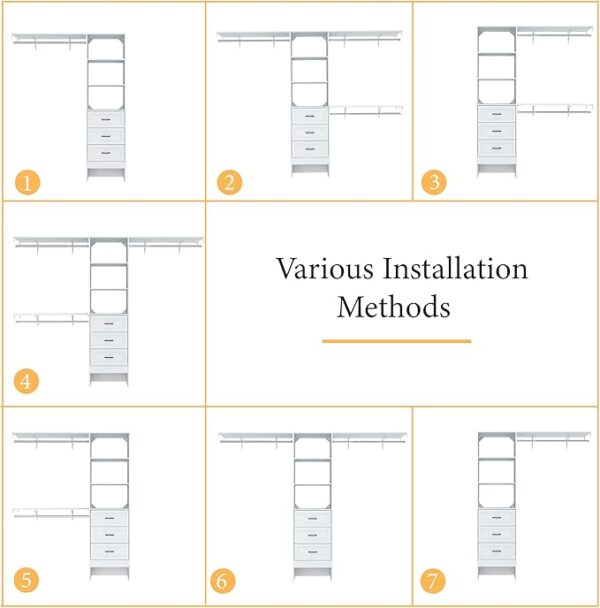 8FT Walk-In Closet System, Organizer with 3 Wooden Drawers, 25" Tower & 3 Extendable Hanging Rods - Image 4