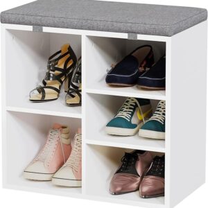 Shoe Storage Bench with Cushion & 3-Tier Adjustable Shelf, White 20"