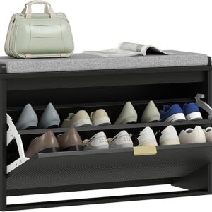 Narrow Shoe Bench with Cushion & Flip-Drawer, Black 31.5" x 10.2" x 18.7"