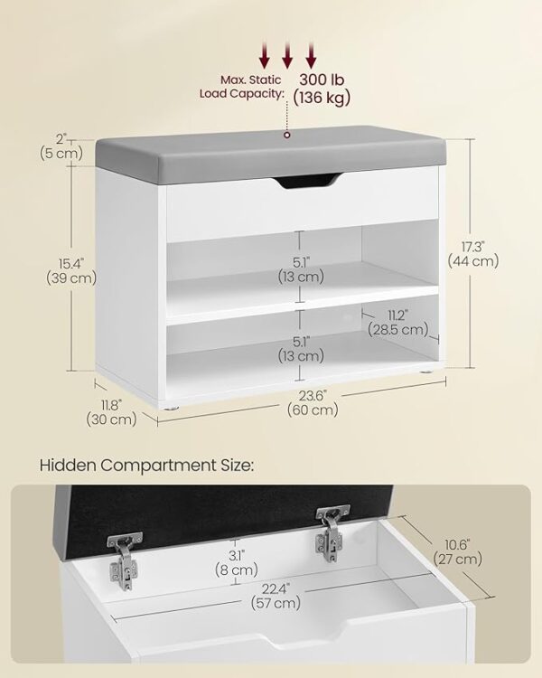 Shoe Bench with Cushion & 3 Storage Compartments (Cloud White) - Image 3
