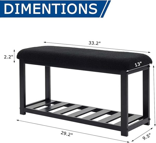 Shoe Bench with Velvet Cushion & 2-Tier Organizer, Black - Image 2