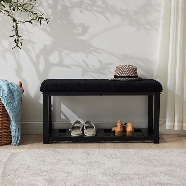 Shoe Bench with Velvet Cushion & 2-Tier Organizer, Black - Image 3