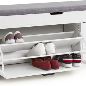 Shoe Storage Bench with Cushion & Flip-up Drawer, White 39.4" x 11.8" x 20.5"