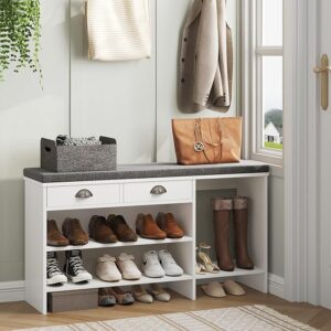 Shoe Storage Bench with Cushion & Drawer, 2 Compartments, White