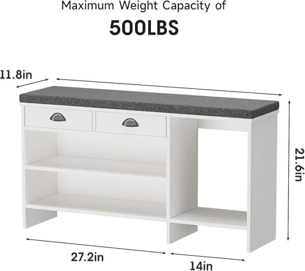 Shoe Storage Bench with Cushion & Drawer, 2 Compartments, White - Image 2
