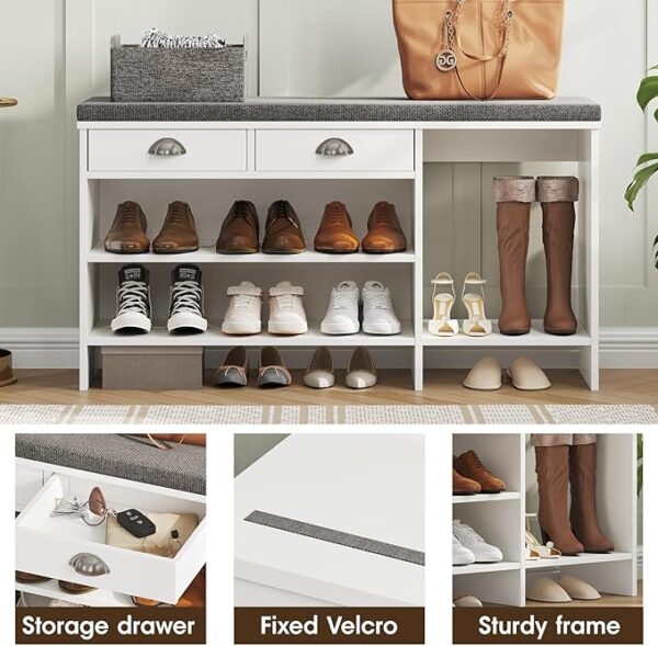 Shoe Storage Bench with Cushion & Drawer, 2 Compartments, White - Image 4