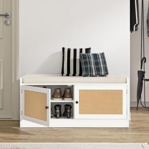 Rattan Shoe Bench with Cushion & Adjustable Shelves, White