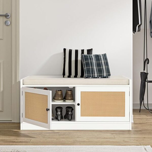 Rattan Shoe Bench with Cushion & Adjustable Shelves, White