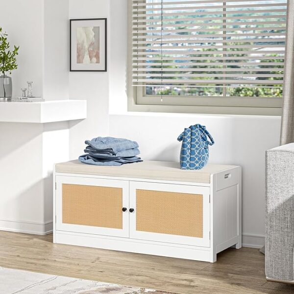 Rattan Shoe Bench with Cushion & Adjustable Shelves, White - Image 3