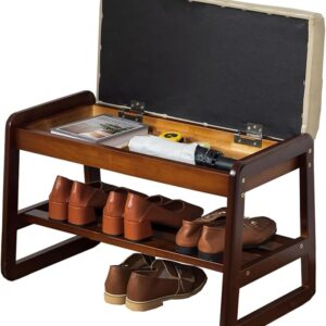 Solid Wood Shoe Bench, 2-Tier Organizer with Cushion & Flip-Open Storage (Beige, 21.65"L)