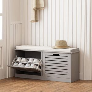 Shoe Storage Bench with 2 Flip Drawers & Cushion, Grey, for Entryway/Hallway