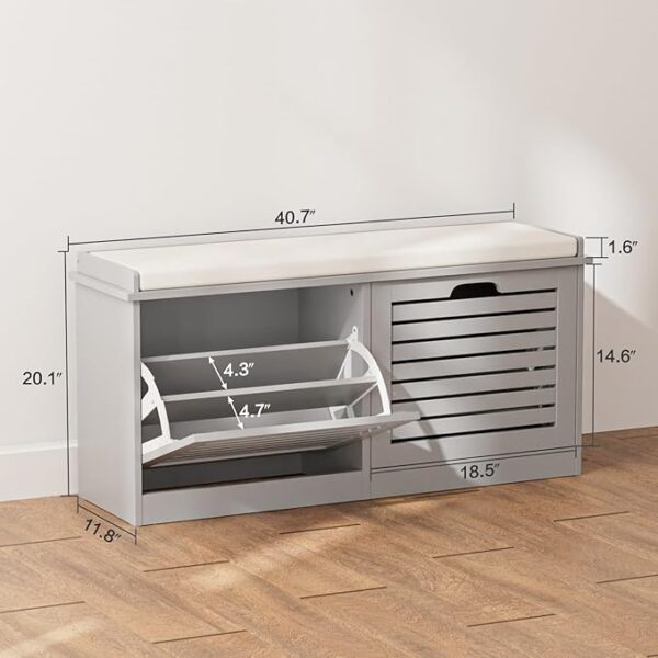 Shoe Storage Bench with 2 Flip Drawers & Cushion, Grey, for Entryway/Hallway - Image 2