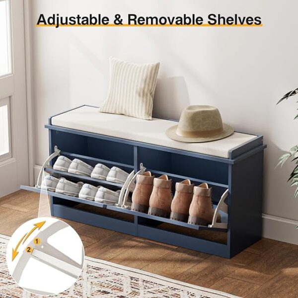 Shoe Storage Bench with 2 Flip Drawers & Cushion, Grey, for Entryway/Hallway - Image 3