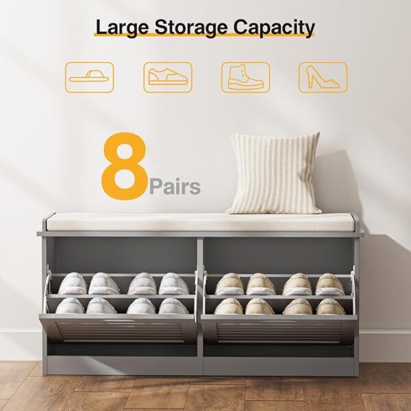 Shoe Storage Bench with 2 Flip Drawers & Cushion, Grey, for Entryway/Hallway - Image 4