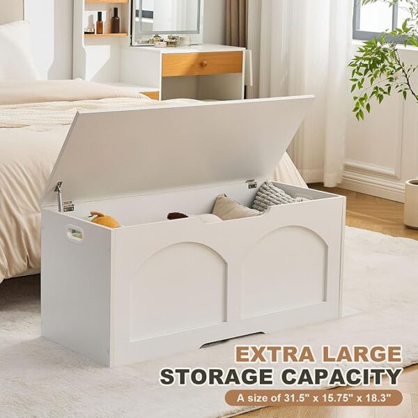 31.5" Retro Storage Chest, Entryway Bench with Safety Lift Support Hinge, White - Image 4