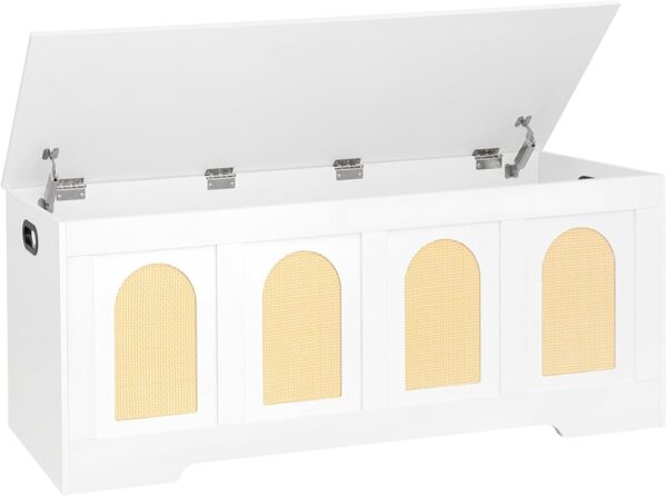 47.2" Rattan-Like Storage Chest, Wooden Entryway Bench with Flip-Top, White & Natural