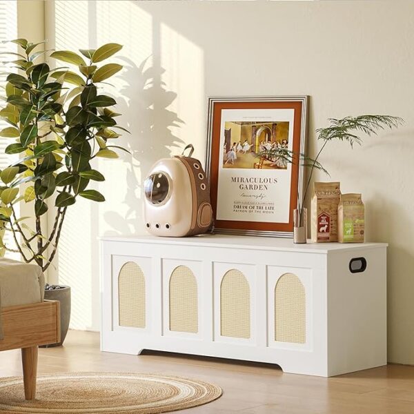 47.2" Rattan-Like Storage Chest, Wooden Entryway Bench with Flip-Top, White & Natural - Image 4