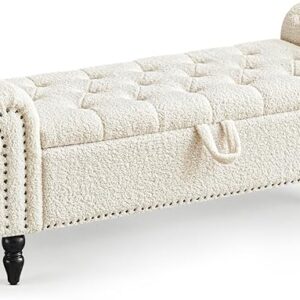 Modern Storage Ottoman Bench, White, with Rolled Arm & Solid Wood Legs