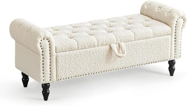 Modern Storage Ottoman Bench, White, with Rolled Arm & Solid Wood Legs