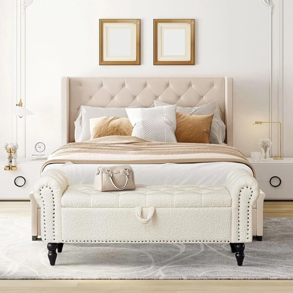 Modern Storage Ottoman Bench, White, with Rolled Arm & Solid Wood Legs - Image 2