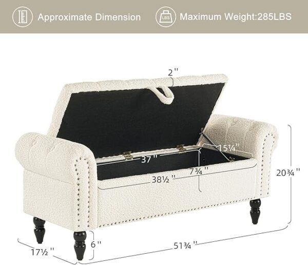 Modern Storage Ottoman Bench, White, with Rolled Arm & Solid Wood Legs - Image 3