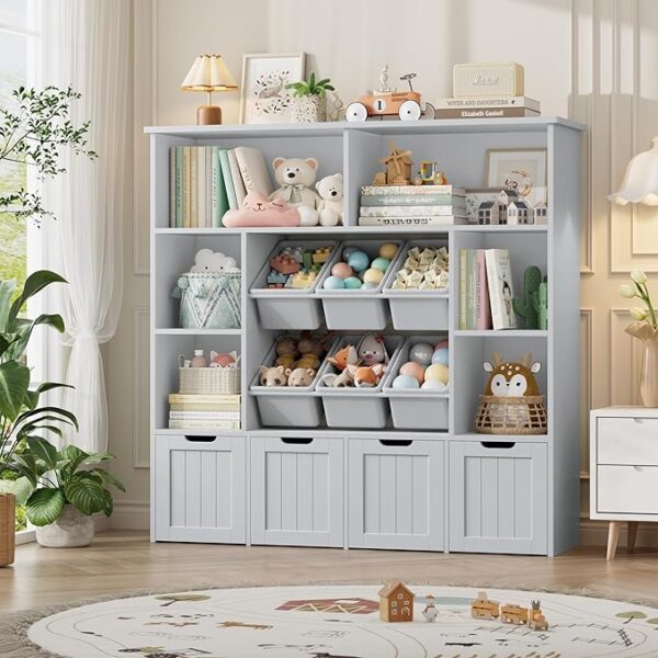Toy Storage Organizer with 6 Bins, 4 Drawers & 6 Cubbies for Kids Room, Grey