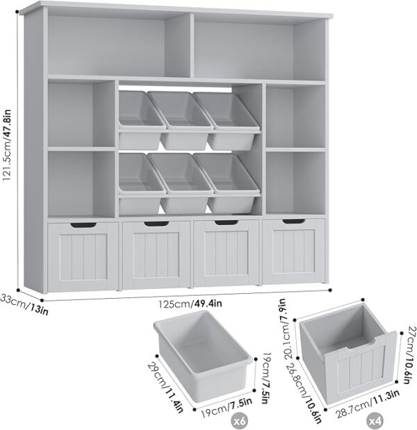 Toy Storage Organizer with 6 Bins, 4 Drawers & 6 Cubbies for Kids Room, Grey - Image 2