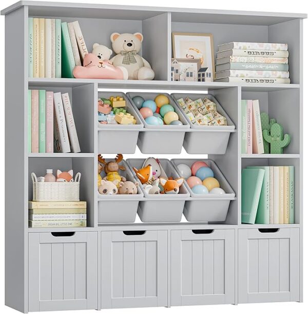 Toy Storage Organizer with 6 Bins, 4 Drawers & 6 Cubbies for Kids Room, Grey - Image 3