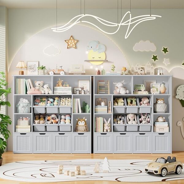 Toy Storage Organizer with 6 Bins, 4 Drawers & 6 Cubbies for Kids Room, Grey - Image 4