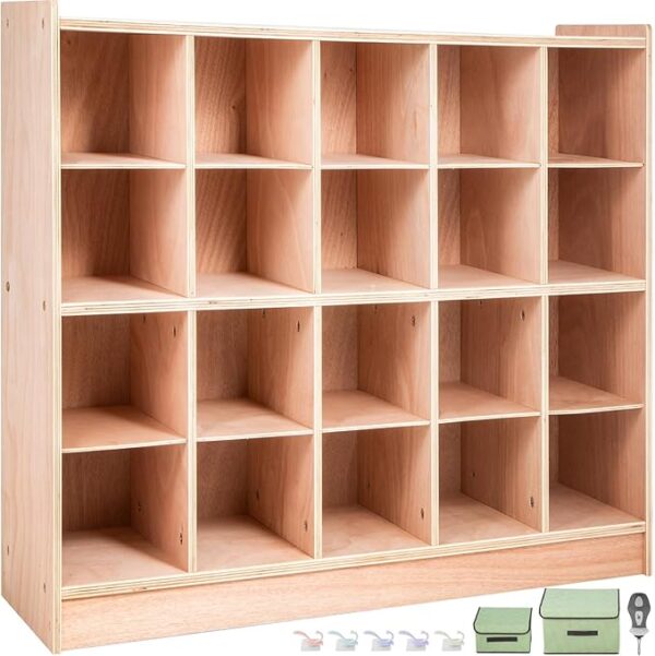 20-Compartment Cubby Storage Cabinet, 4x5 Mobile Shelf for Classroom & Home, Natural