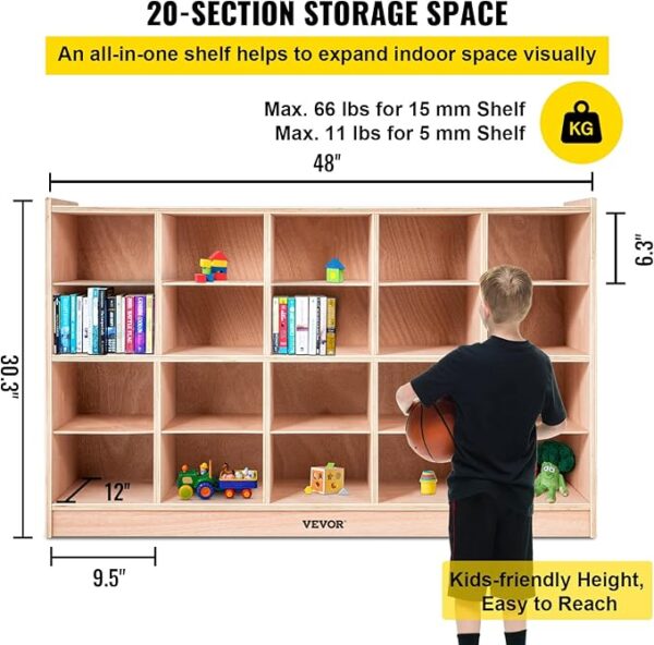 20-Compartment Cubby Storage Cabinet, 4x5 Mobile Shelf for Classroom & Home, Natural - Image 3
