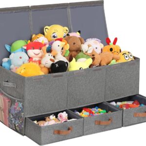 Upgraded Toy Box with 3 Grids, Drawers & Mesh Pockets – Kids Storage Organizer for Playroom